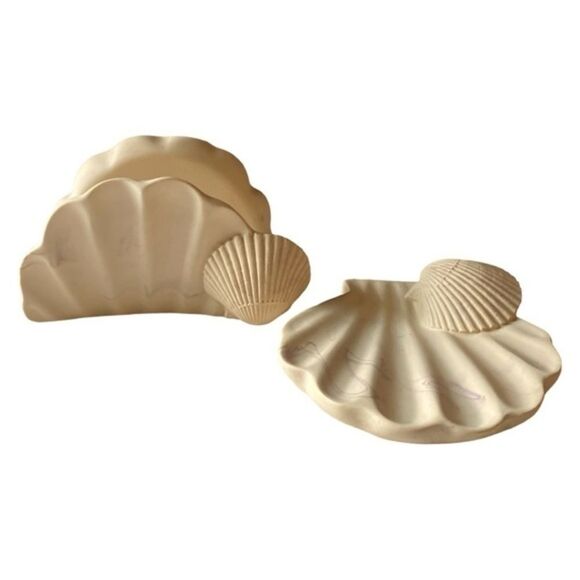 VINTAGE 90’s SET SEA SHELL SOAP DISH AND GUEST TOWEL HOLDER MARBLED ALMOND - Picture 1 of 10
